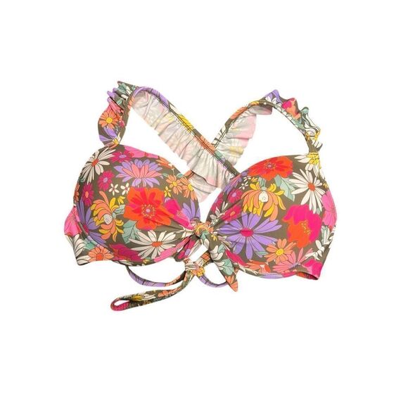 Women's Medium Printed Ruffle-Strap Push Up Underwire Bikini Top hippie flower - Picture 3 of 8